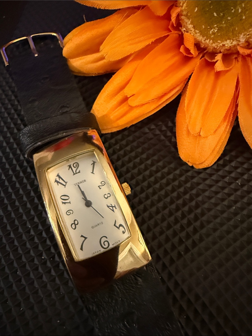 Bijoux Terner Gold-Tone Rectangular Watch with Black Strap